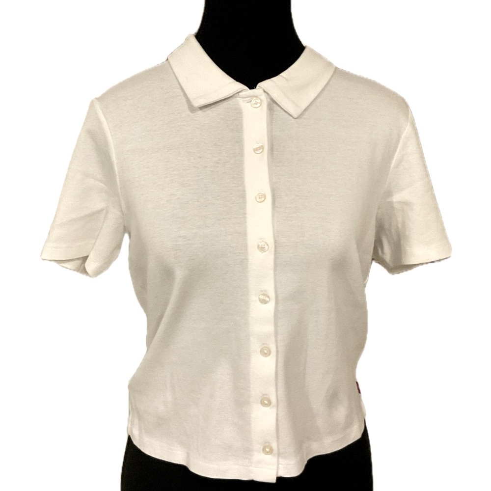 Levi’s Women’s White Collared Polo Crop shirt with Levi’s red tag .